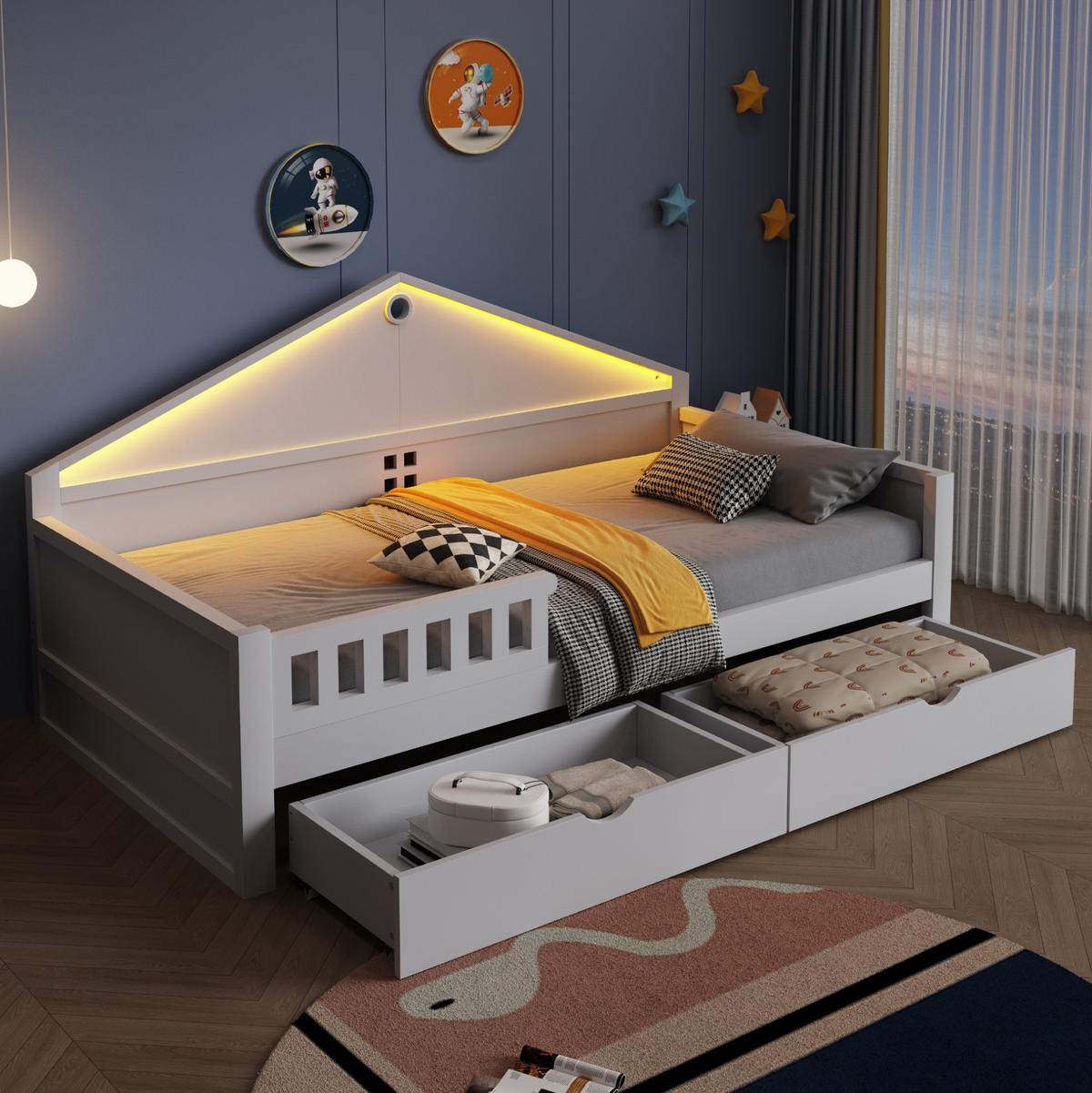 KINDEREINZELBETTEN aus Holz und MDF 90x200 cm in Weiß mit LED & 2 Schubladen - Weiß, Holz (90/200cm) - Modfu