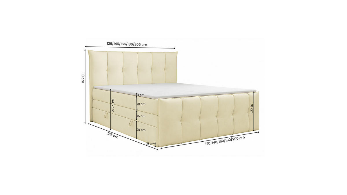 BOXSPRINGBETT SUPREME mit Topper und Bettkasten, Creme, 160x200 cm - Creme, Textil (160/200cm) - KS Home Concept