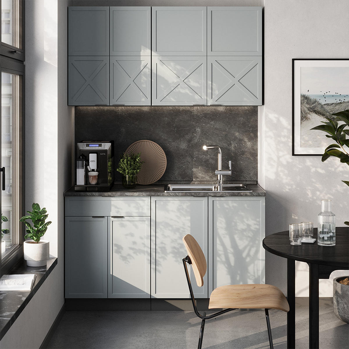SINGLEKÜCHE Fame-Line Hellblau-grau/Anthrazit 140 cm, AP Anthrazit - Anthrazit/Blaugrau, Holzwerkstoff (140/81.6/60cm) - Vicco