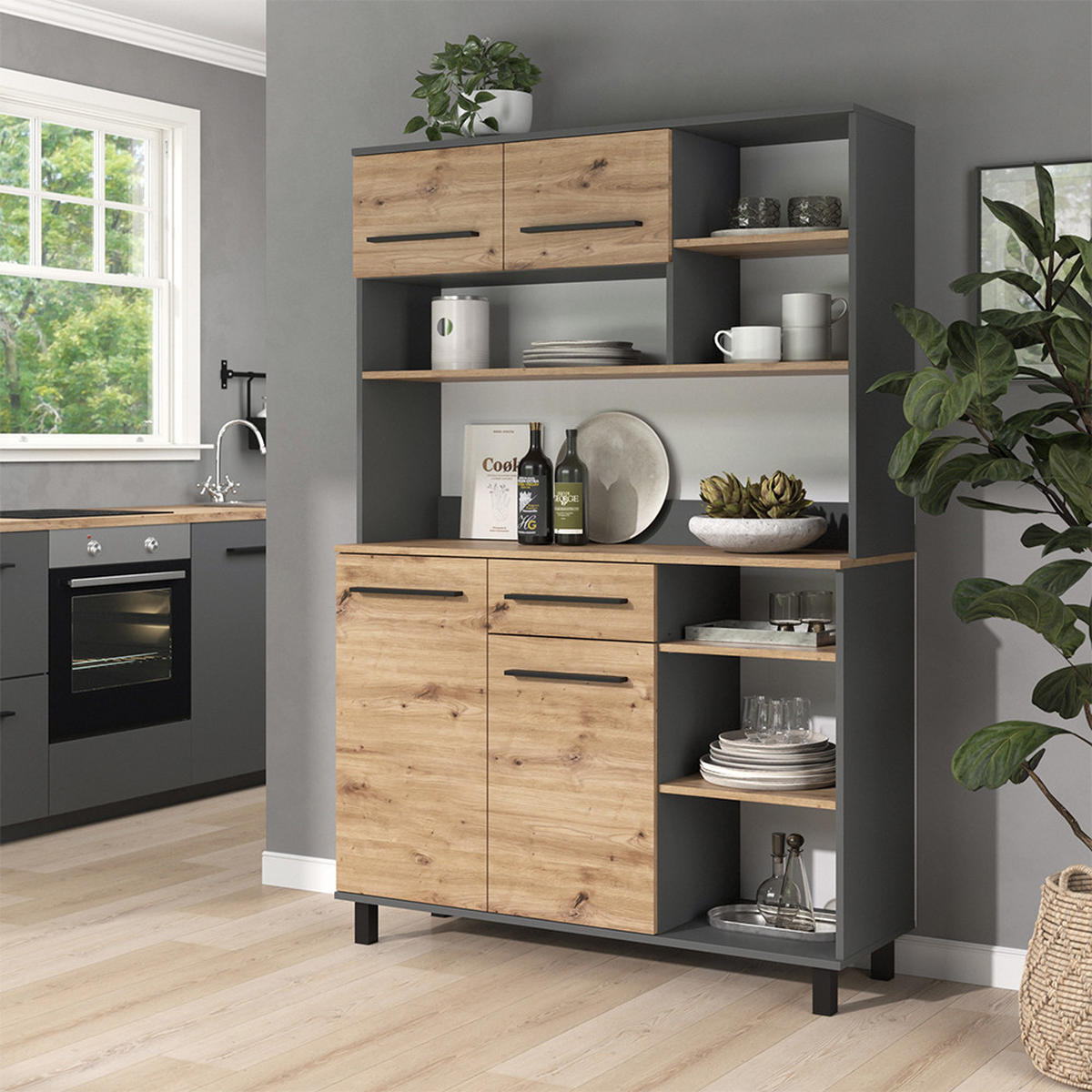 KÜCHENBUFFET Pure, Artisan-Eiche/Anthrazit, 120.2 x 177 cm - Anthrazit/Eiche Artisan, Holzwerkstoff (120.2/177/40.5cm) - Vicco