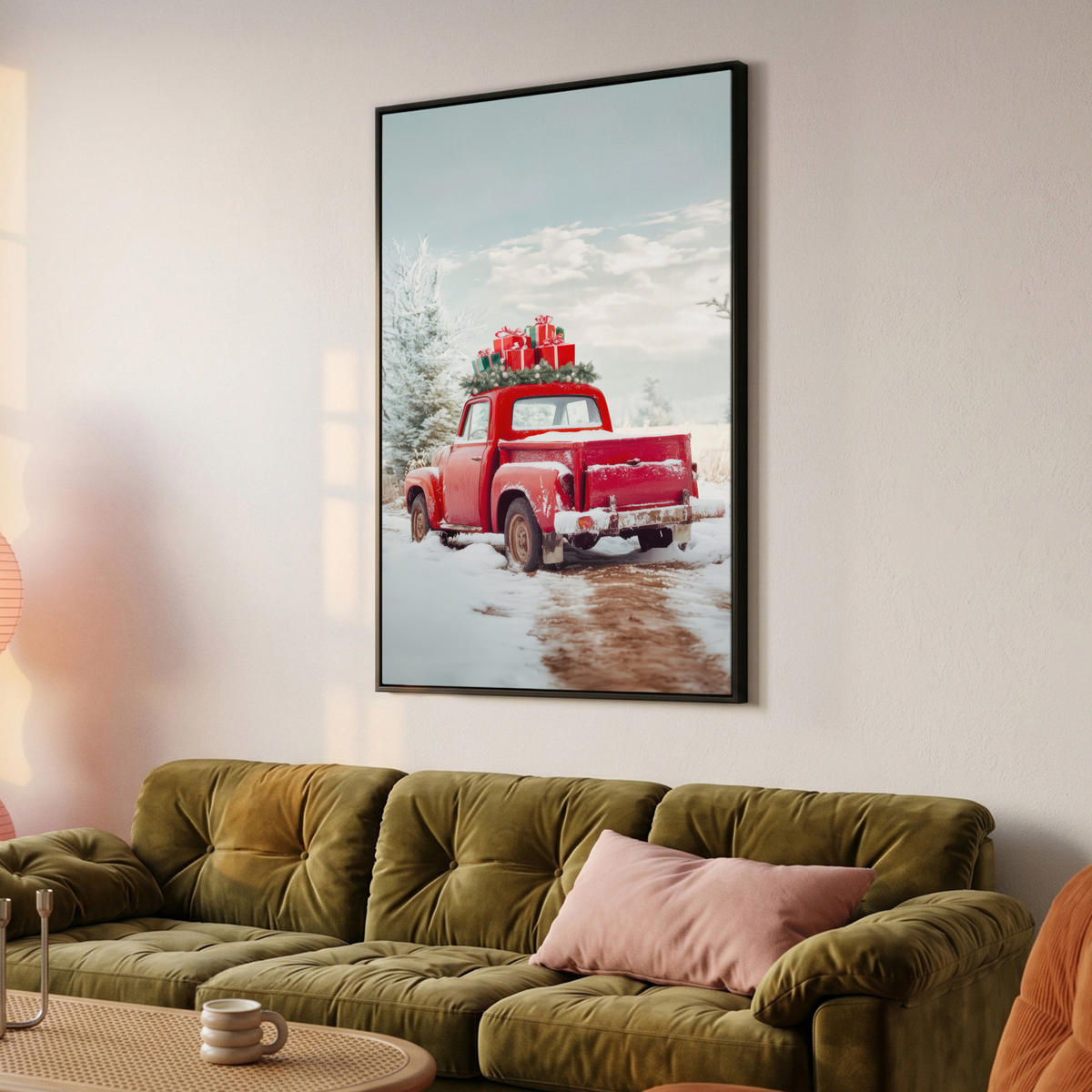 LEINWAND Bilder mit Rahmen - Auto - Rot - Geschenke - Winter - Schnee - Weihnachten - 80x120 - Rot, Textil (80/120cm) - MuchoWow