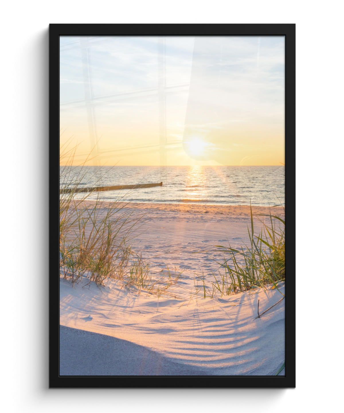 GERAHMTES BILD Strand - Sonne - Düne - Gras - Sand - Horizont 40x60 cm - Hellblau, Papier (40/60cm) - MuchoWow