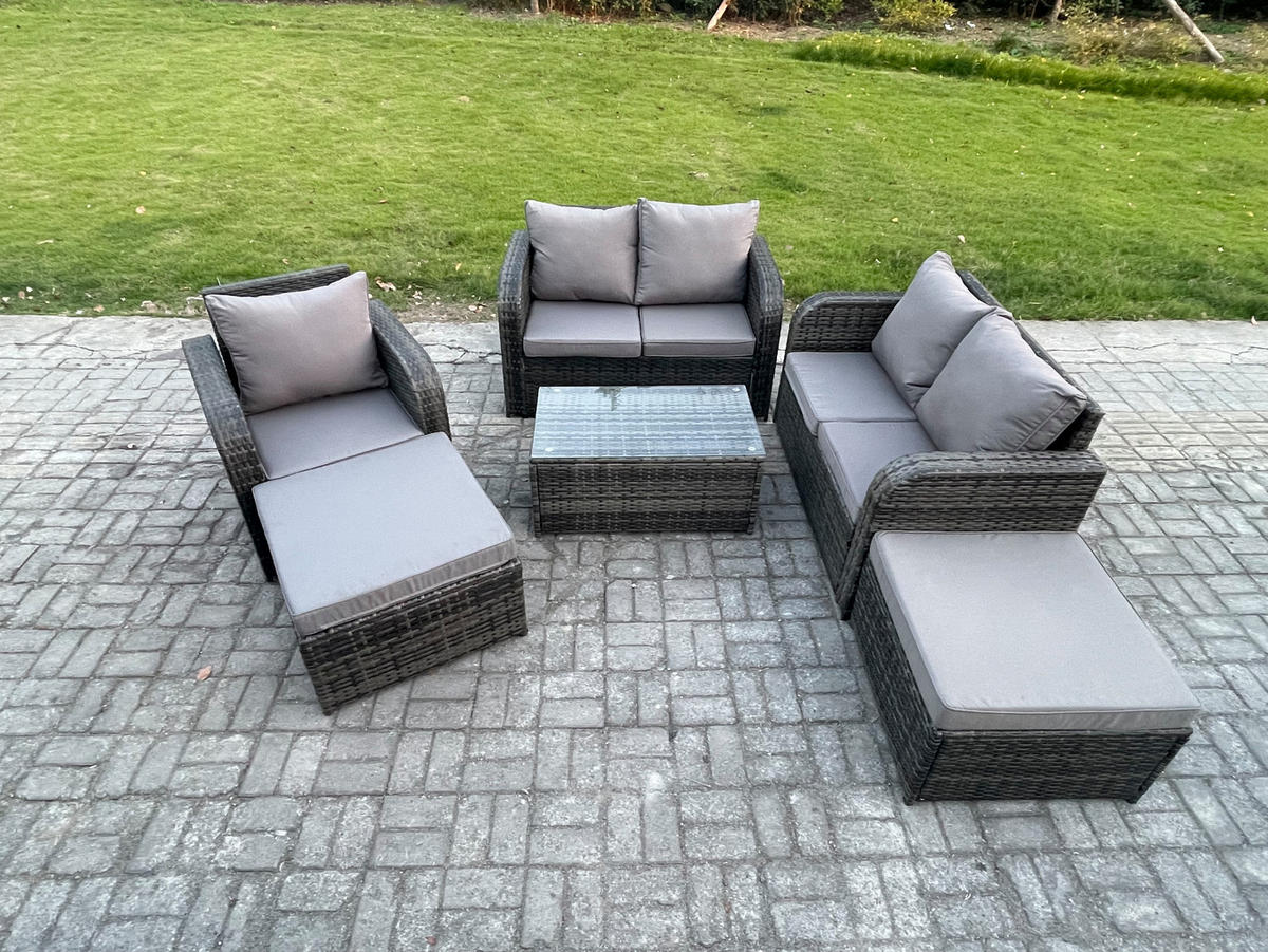 GARTENMÖBELGARNITUR mit KISSEN Polyrattan Dunkelgrau 7-Sitzer - Dunkelgrau/Grau, Glas/Kunststoff - Fimous