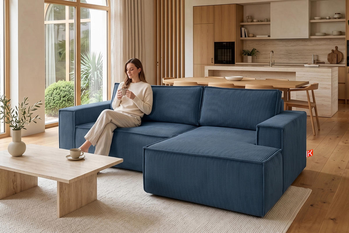 ECKSCHLAFSOFA-RECHTS NAPI in Pet Friendly Cord-Stoff, marineblau - Blau/Schwarz, Textil (262/148cm) - KONSIMO®