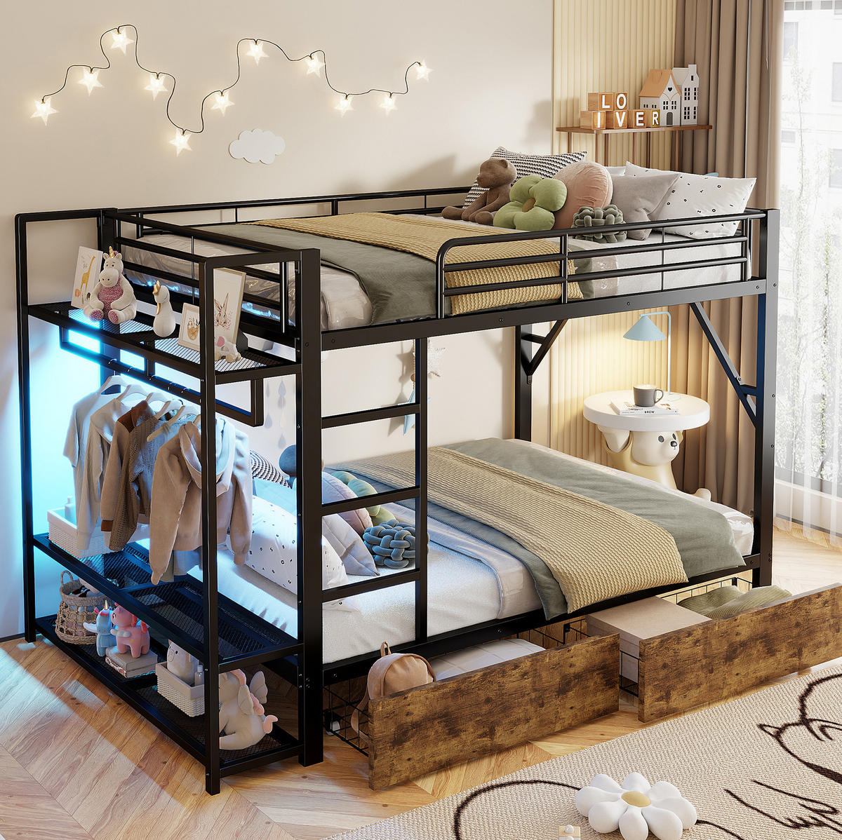 ETAGENBETT aus Metall und MDF 140x200 cm Schwarz mit LED-Lichtleiste, 2 Schubladen, Regalen und Kleiderstange - Schwarz, Metall (140/200cm) - Modfu