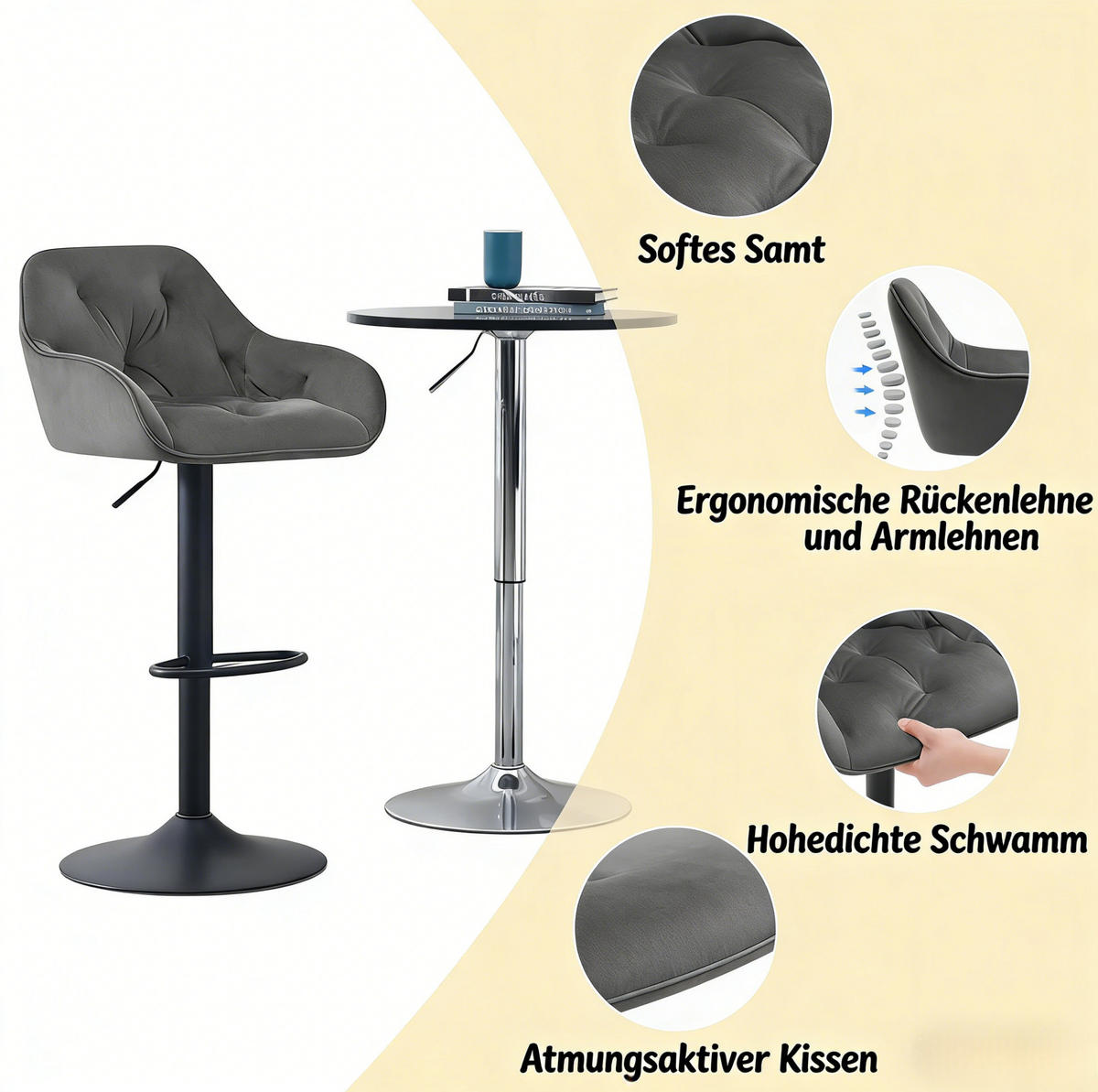 BARHOCKER 2er-Set höhenverstellbar 62,5-84 cm Samt Dunkelgrau - Dunkelgrau, Metall (37/108.5/37.5cm) - Meubliv