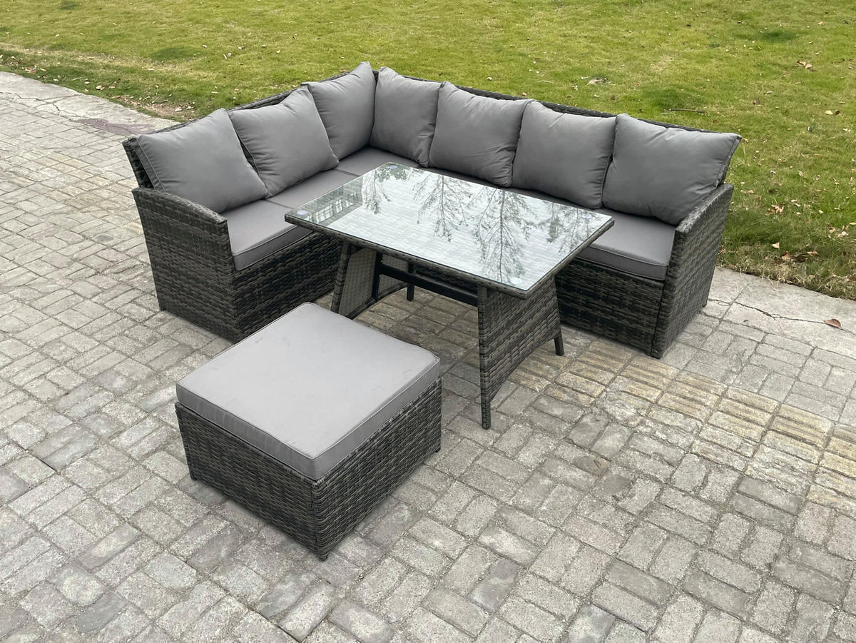 SITZGRUPPE mit Ecksofa,Fußhocker Polyrattan Dunkelgrau 7-Sitzer - Dunkelgrau/Grau, Glas/Kunststoff - Fimous