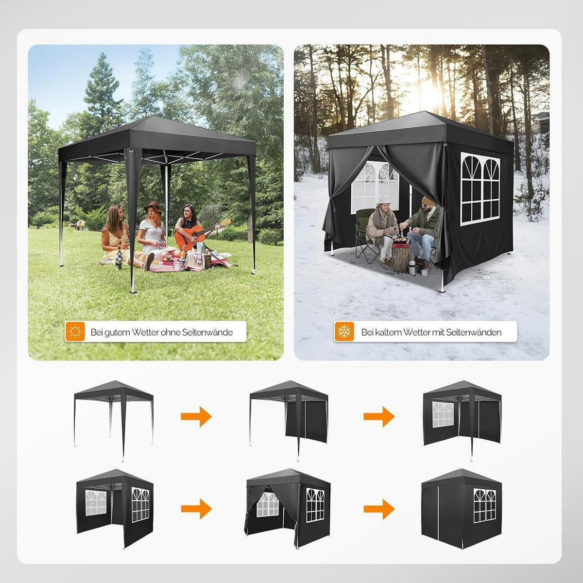 FALTPAVILLON 2 x 2 m Grau mit 4 Seitenteilen - Schwarz, Metall (200/245/200cm)