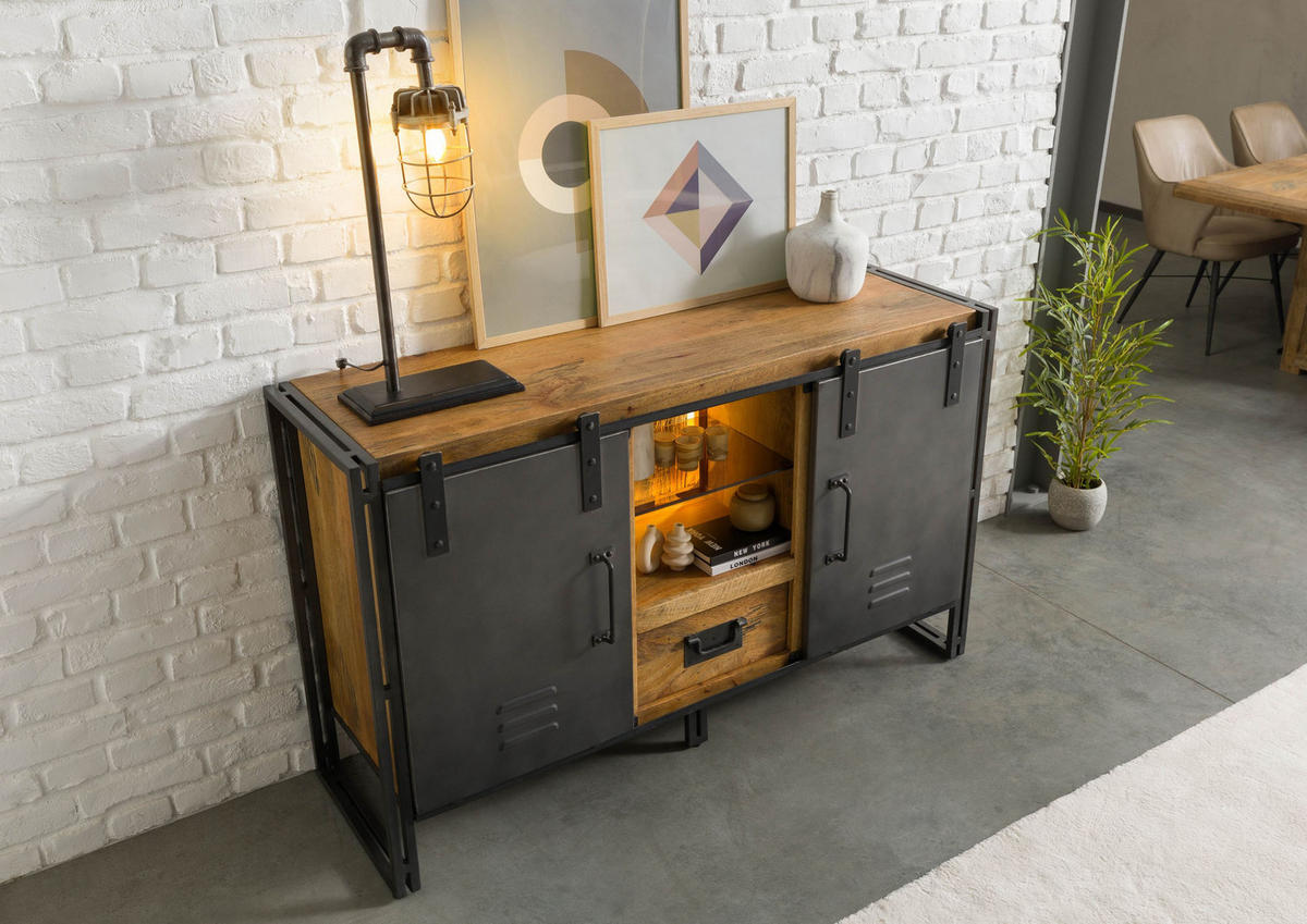 SIDEBOARD Mango / Altholz 150x45x90 natur / grau lackiert / Metall grau BLACKBURN LUX #411 - Braun, Holz (150/90/45cm) - Massivmoebel24