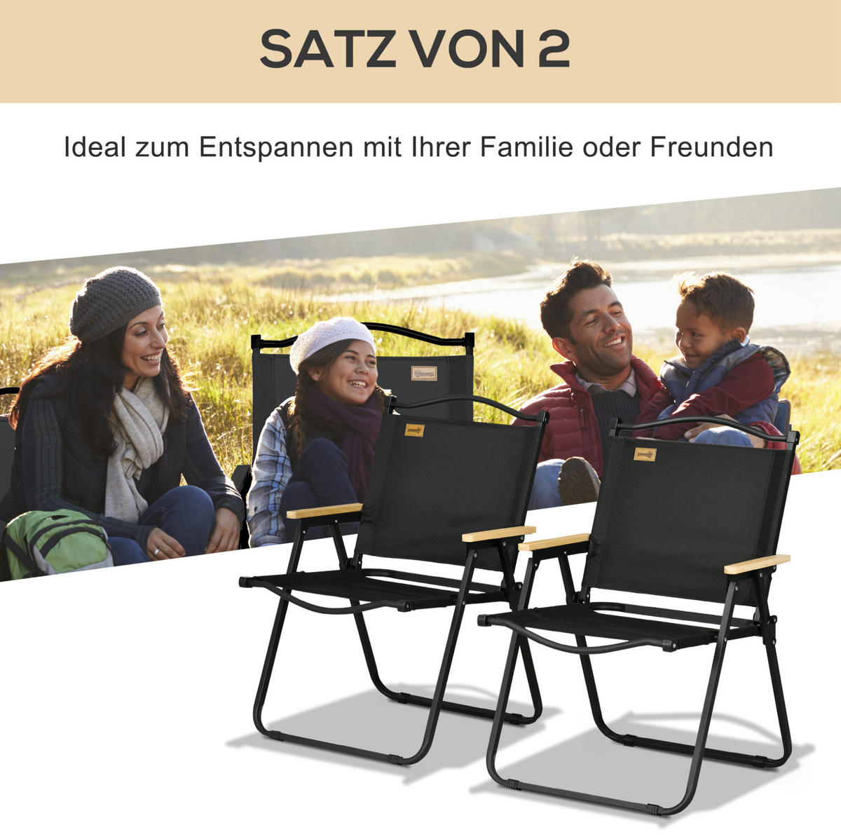 CAMPINGSTUHL 54/59/78 cm, klappbar und tragbar mit Stahlrahmen und UV-beständigem Polyester, Schwarz - Schwarz, Metall (59/78/54cm) - Redom