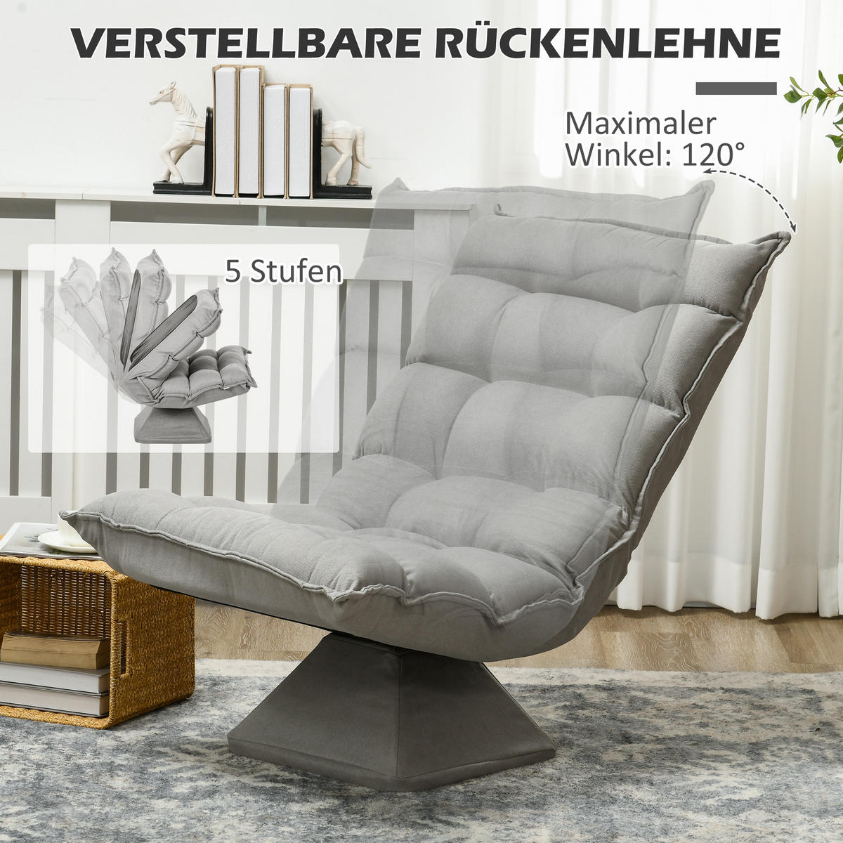RELAXSESSEL Stahl, Samt, Hellgrau - Hellgrau, Metall (70/95/62cm) - HOMCOM