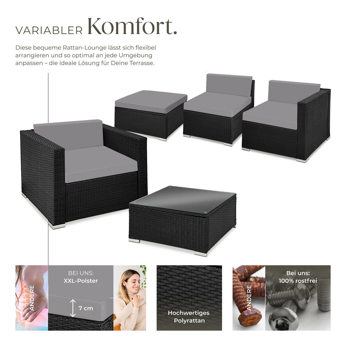 RATTANLOUNGE Milano,mit Sicherheitsglasplatte,schwarz/grau - Schwarz/Grau, Kunststoff - tectake