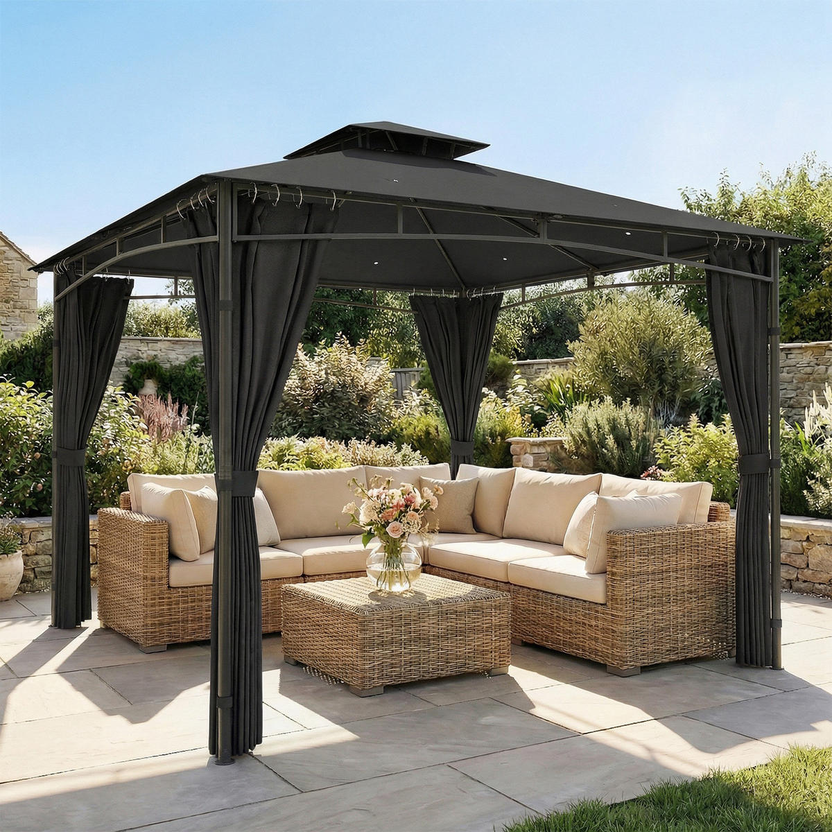 PAVILLON DE-12749 300/300 cm UV50+ wasserdicht mit Doppeldach Anthrazitgrau - Dunkelgrau, Metall (300/285/300cm) - ComfortXL