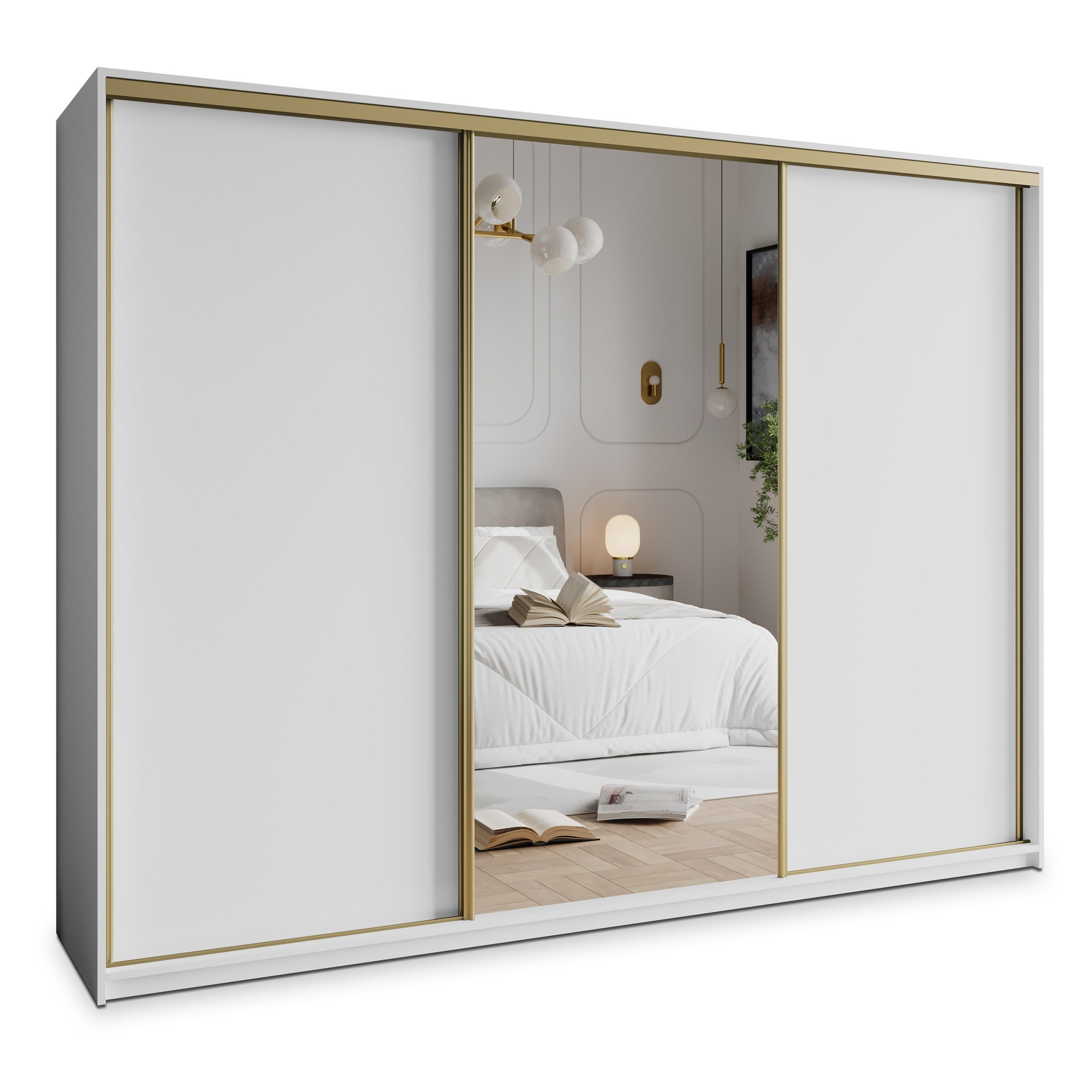 SCHWEBETÜRENSCHRANK TAVI 270/205/60 cm 3-türig mit Spiegel Weiß - Weiß, Holzwerkstoff (270/205/60cm) - MASSENO