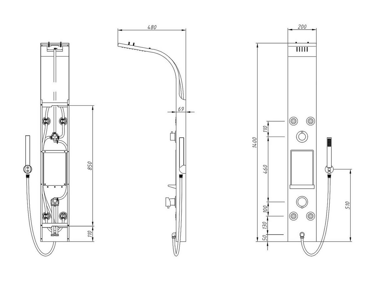 DUSCHSÄULE mit Hydromassage mit Ablage - Schwarz matt - 20 x 140 cm - ROANA - Schwarz, Metall (20/140/48cm) - Vente-Unique