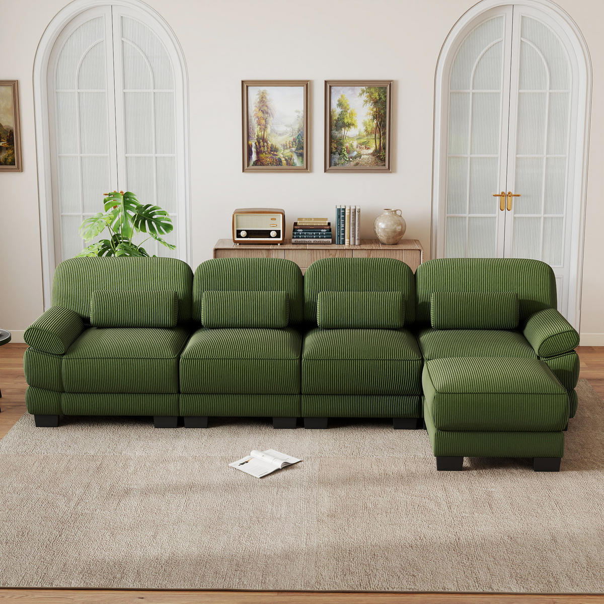 ECKSOFA 4-Sitzer L-Form mit Hocker, DE-42659, Grün - Grün, Holz (336/161cm) - ComfortXL