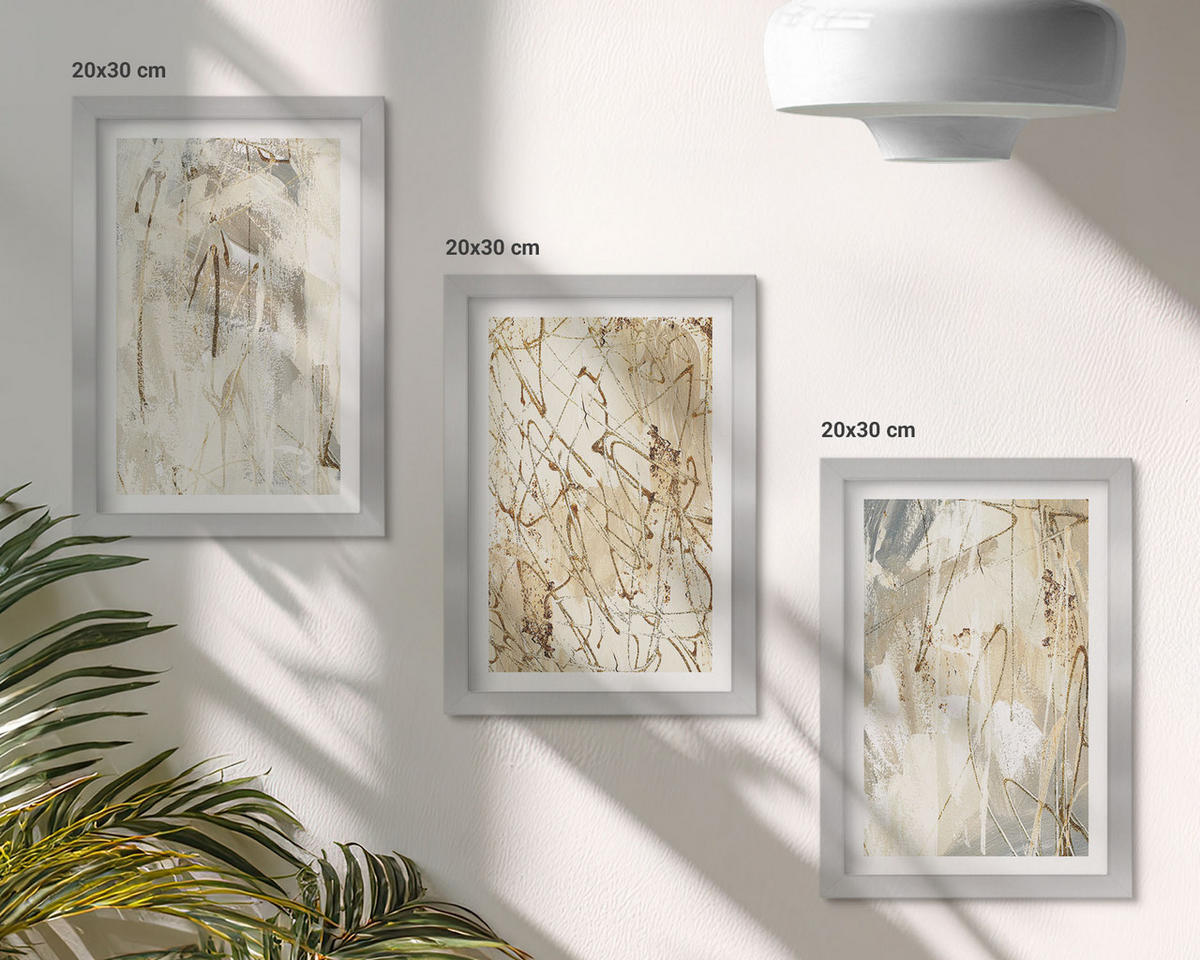 BILDER SET 3er Set - 20x30 cm Silberner Rahmen - Abstrakte Muster in Beige und Grau - Silberfarben, Kunststoff (20/30cm) - TULUP