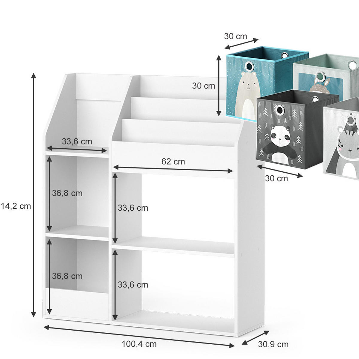 KINDERREGAL Luigi Weiß 100.4 x 114.2 cm mit 4 Faltboxen (grau) - Weiß, Holzwerkstoff (100.4/114.2/30.9cm) - Vicco