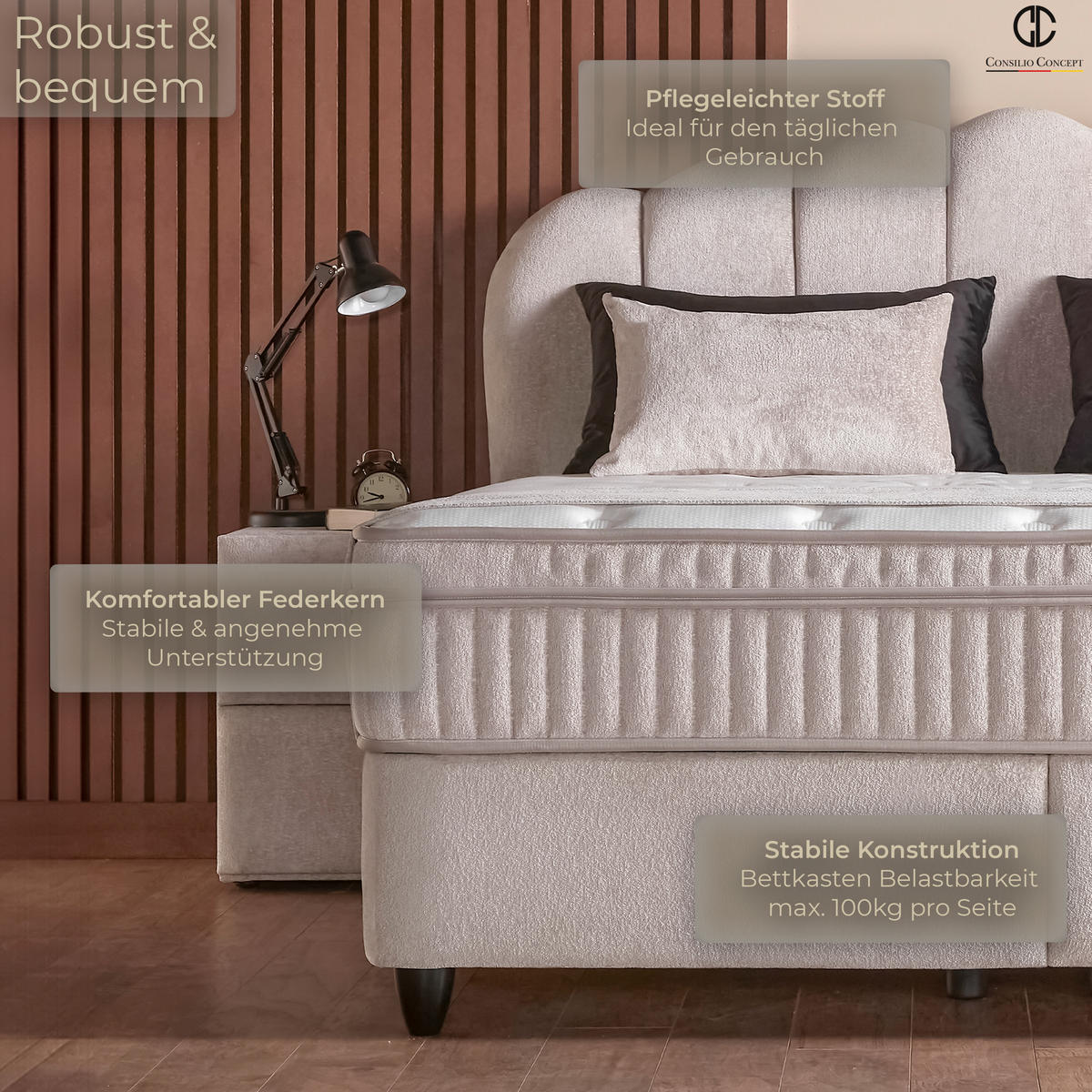 BOXSPRINGBETT MIT BETTKASTEN COMO 180/200 cm, Beige, Bettkasten, Matratze, Topper integriert, H3 mittel 7-Zonen Matratze - Beige/Schwarz, Holz/Kunststoff (180/200cm) - Consilio Concept