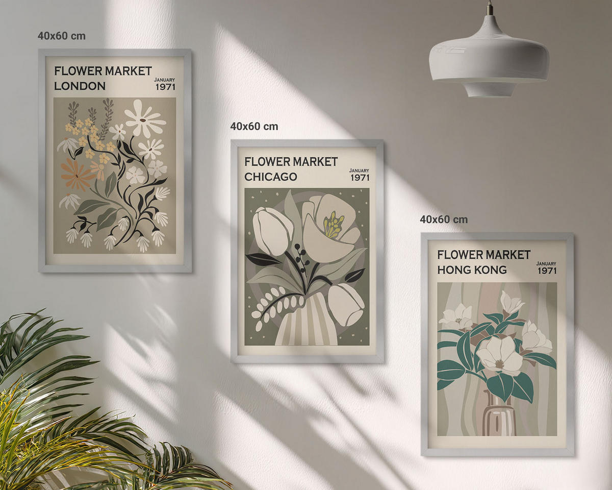 BILDER SET 3er Set - 40x60 cm Silberner Rahmen - Blumenmessen London Chicago Hongkong - Silberfarben, Kunststoff (40/60cm) - TULUP