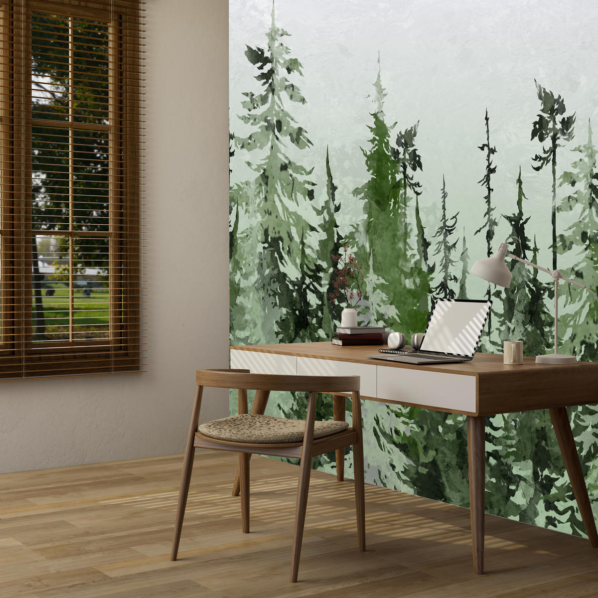 FOTOTAPETE für Schlafzimmer Grüner Nadelwald Aquarell Bäume Natur Landschaft 150x105 - Weiß/Grau, Papier (150/105cm) - Muralo
