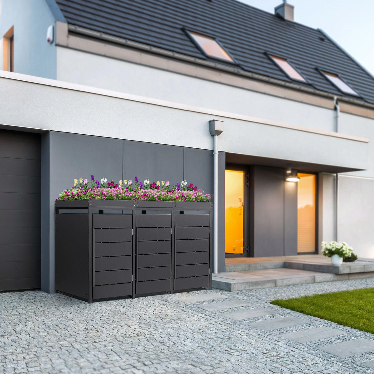 MÜLLTONNENBOX 3er mit Pflanzdach 240L 196x80x124 cm Anthrazit aus Stahl - Anthrazit, Metall (80/124/196cm) - ML-DESIGN