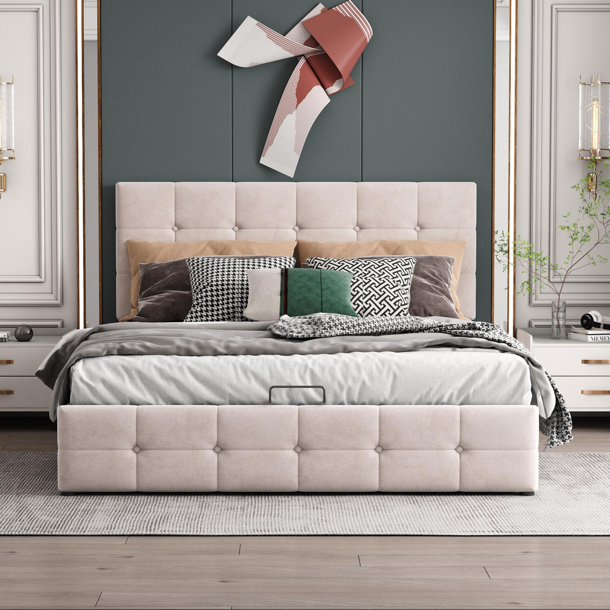 POLSTERBETT 140/200 cm Cremeweiß mit Stauraum aus Samt mit hydraulischem Bettkasten - Weiß, Textil (140/200cm) - OKWISH