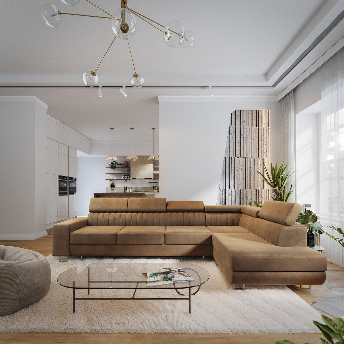 ECKSOFA HESTION Beige Velours-Stoff mit Schlaffunktion - Beige, Holz (332/190cm) - MASSENO