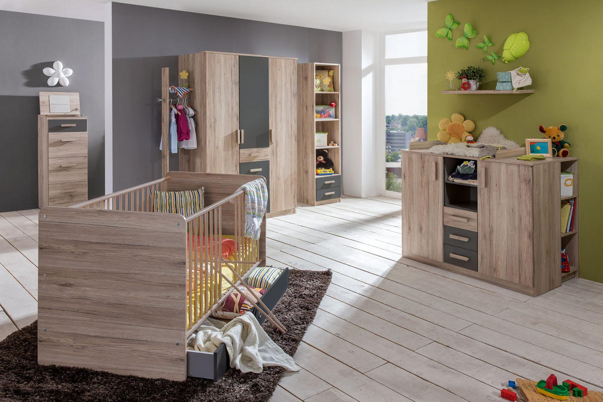 BABYZIMMER Cariba in Eiche San Remo und Graphit 9 teilig - Braun, Holzwerkstoff (120/200/80cm)