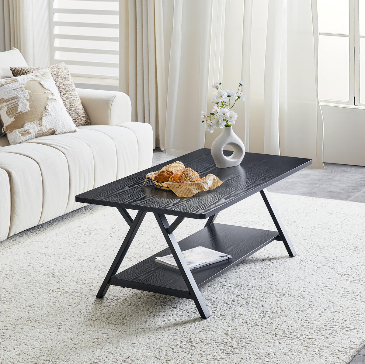 COUCHTISCH 110/57/44,5 cm mit Ablage, MDF-Holzoptik und Metallgestell, Schwarz - Schwarz, Holzwerkstoff (110/57/44.5cm) - Redom
