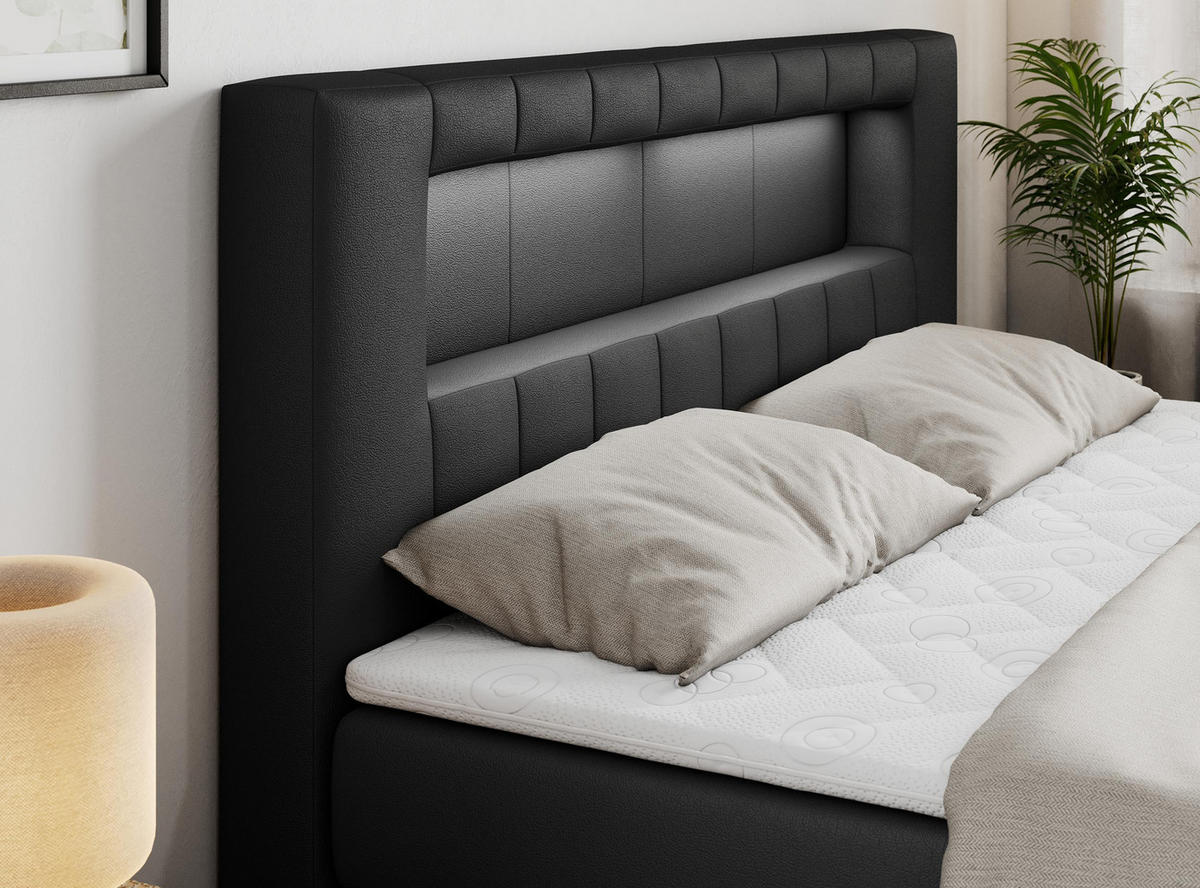 BOXSPRINGBETT GOLD-5 KING LED 160/200 Schwarz Kunstleder - H3 - Schwarz, Holz/Textil (160/200cm) - MKS