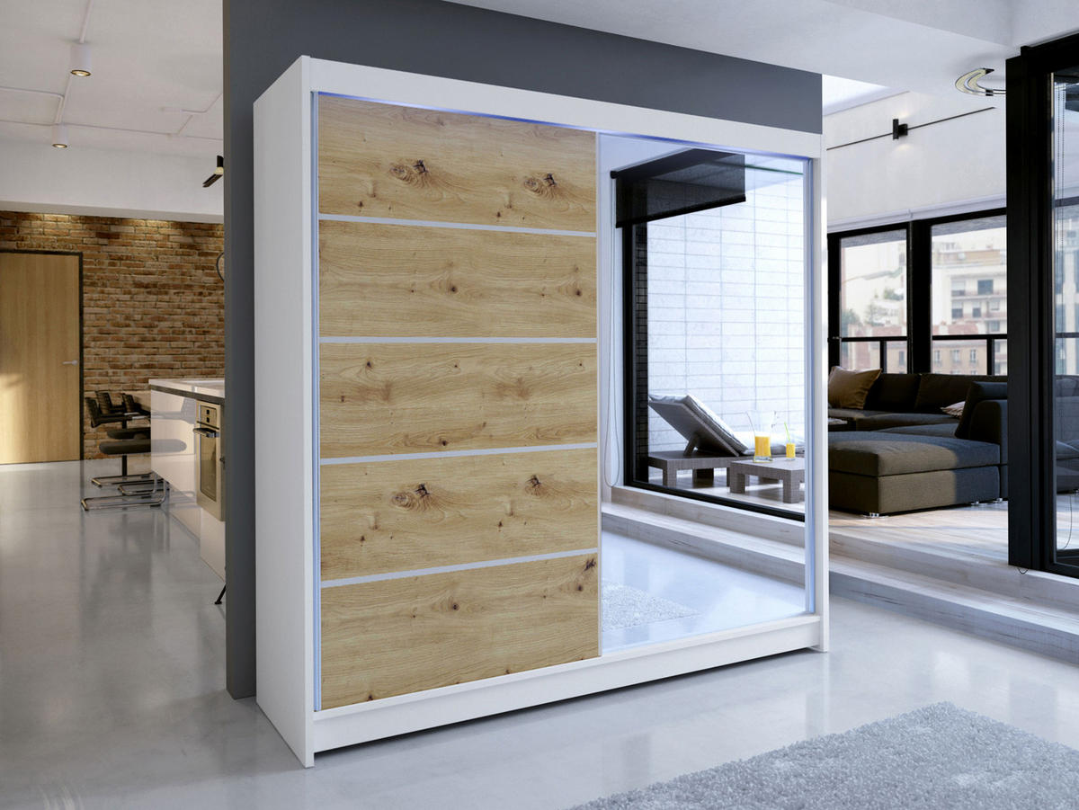 SCHWEBETÜRENSCHRANK Talin III, mit RGB LED Beleuchtung - Silberfarben/Eiche Artisan, Holzwerkstoff/Metall (180/215/58cm) - MIRJAN24