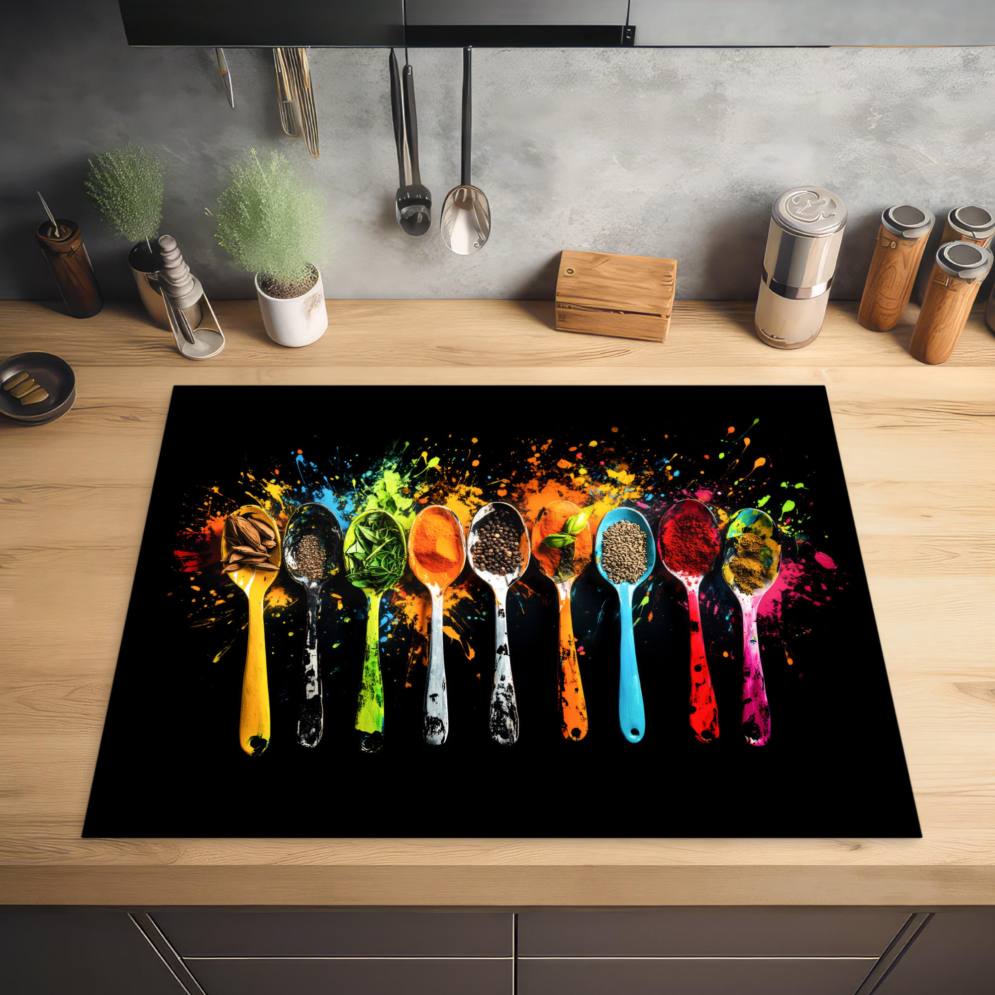 HERDABDECKPLATTE Löffel - Gewürze - Modern - Graffiti - Farbe - Farbenfroh 77x59 cm - Multicolor, Kunststoff (77/0.2/59cm) - MuchoWow