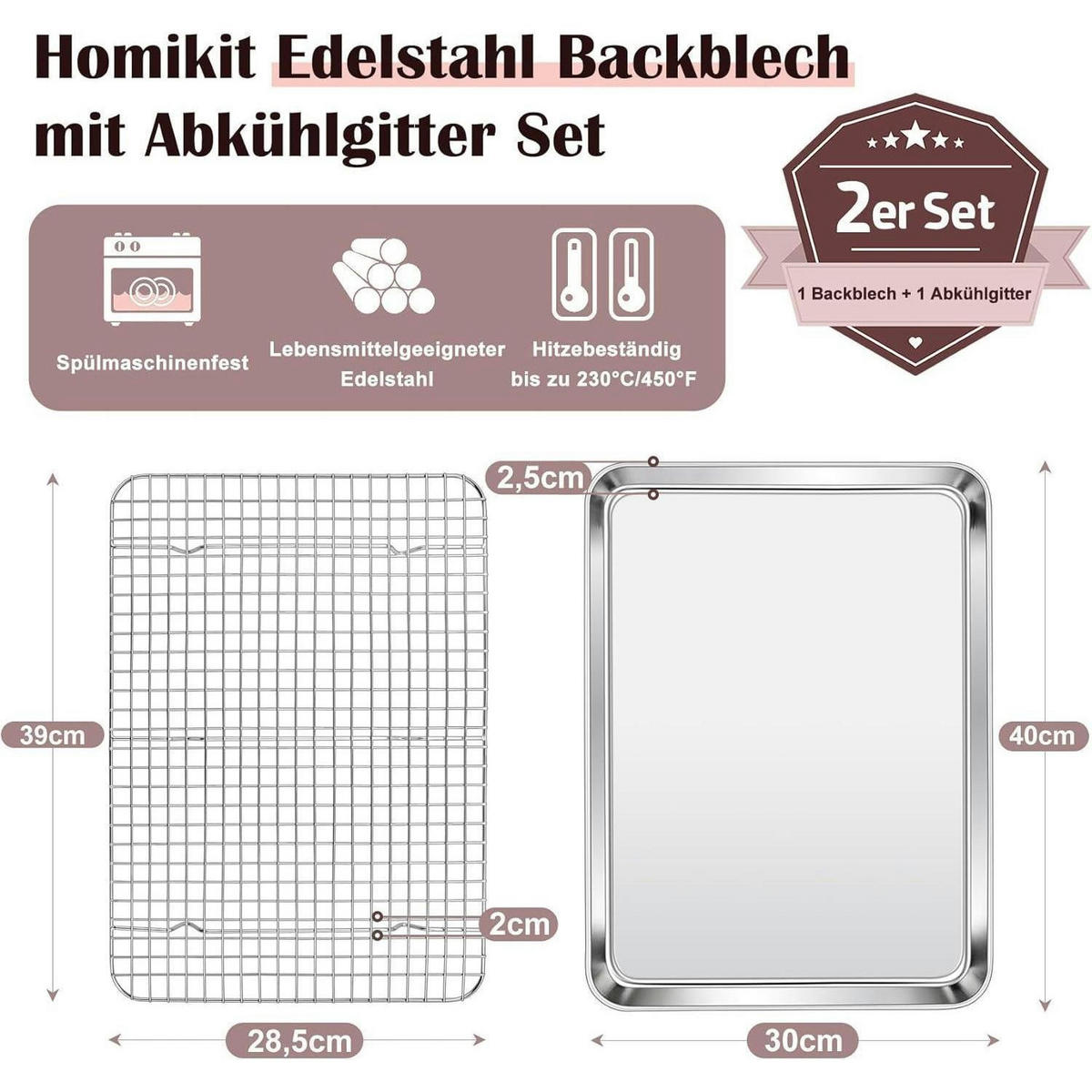 BACKBLECH mit Abkühlgitter, spülmaschinenfest, silber - Silberfarben, Metall (30/2.5/40cm)