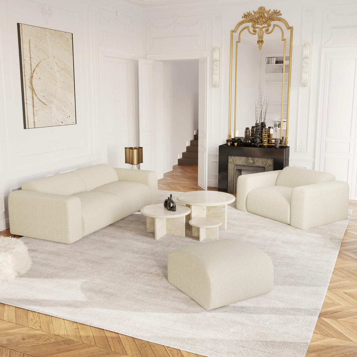 SESSEL Gerippter Samt Creme 130cm - Creme, Textil (130/67/97cm) - Sia Home