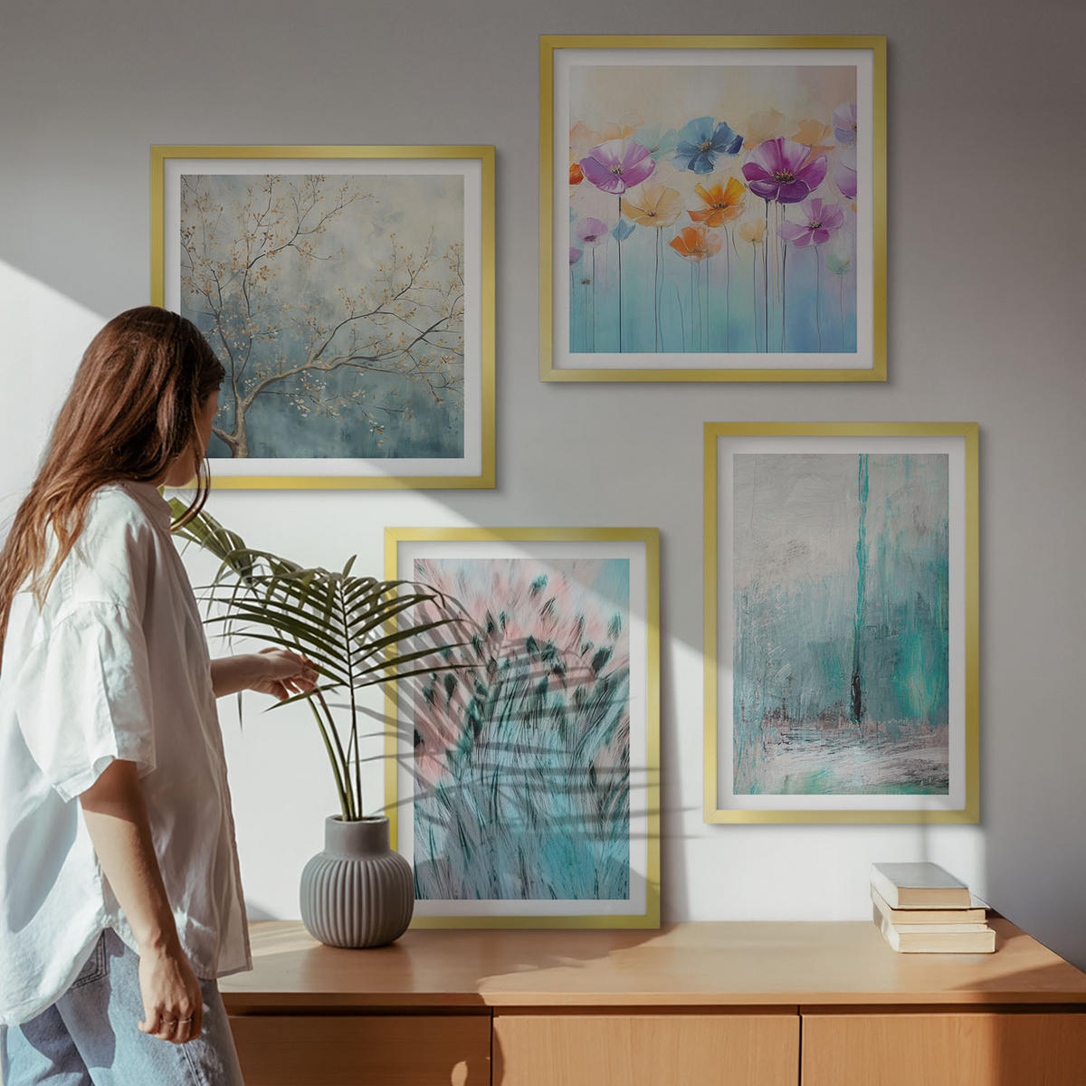 BILDER SET 4er Set - 50x50 cm & 40x60 cm Goldrahmen - Hintergrundmuster mit Pastellblumen - Goldfarben, Kunststoff (50/50cm) - TULUP