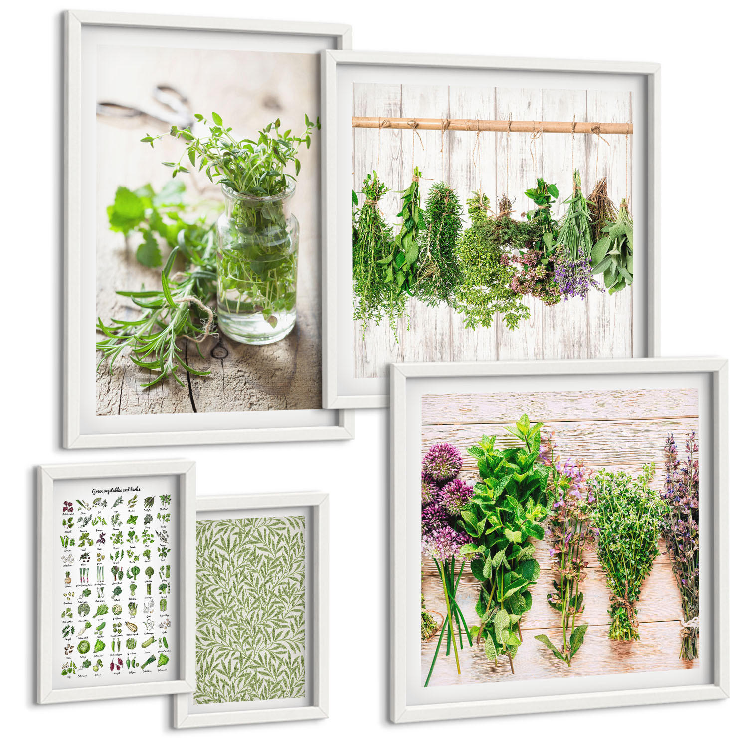BILDER SET 5er Set - 50x50 cm & 20x30 cm & 40x60 cm Weißer Rahmen - Getrocknete Kräuter für die Küche - Weiß, Kunststoff (40/60cm) - TULUP