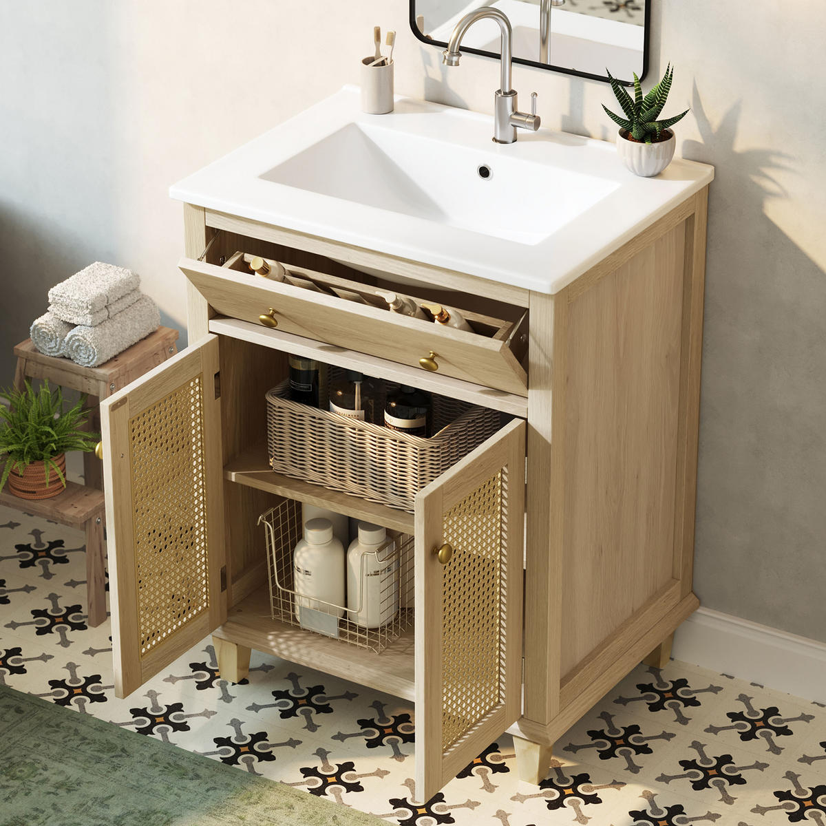BADEZIMMERSCHRANK Rattan Türen Klappschublade Verstellbare Böden 61cm - Naturfarben, Keramik (61/87/47cm) - FLIEKS