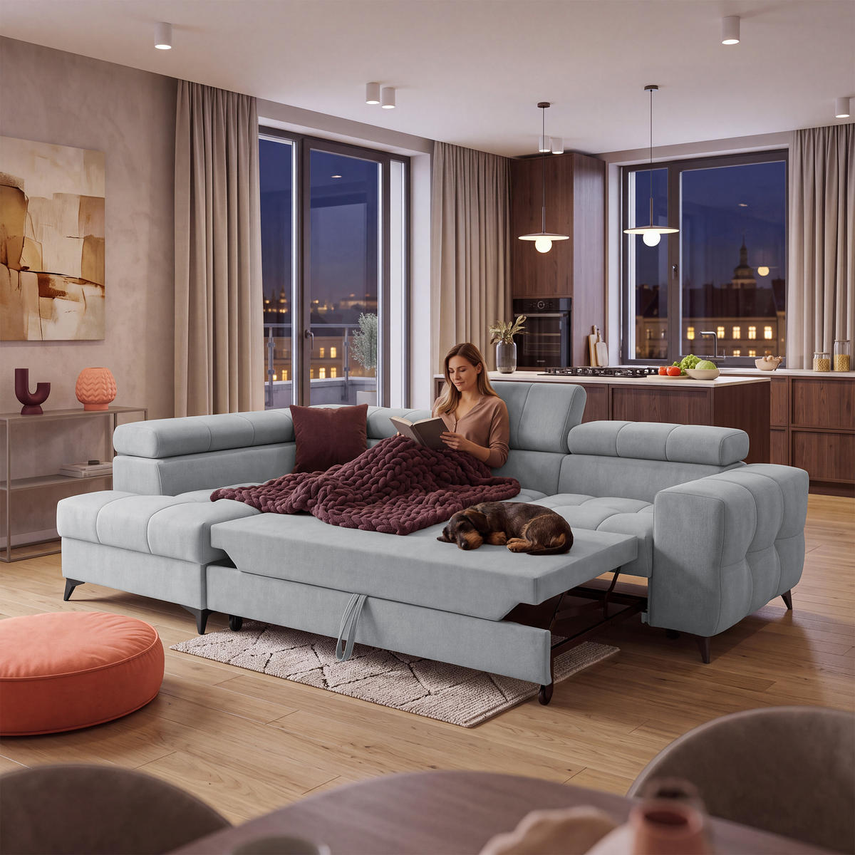 ECKSOFA PUDDING S Links mit Schlaffunktion 125x195 Velours Hellgrau - Hellgrau/Schwarz, Holz/Textil (177/275cm) - Muffo