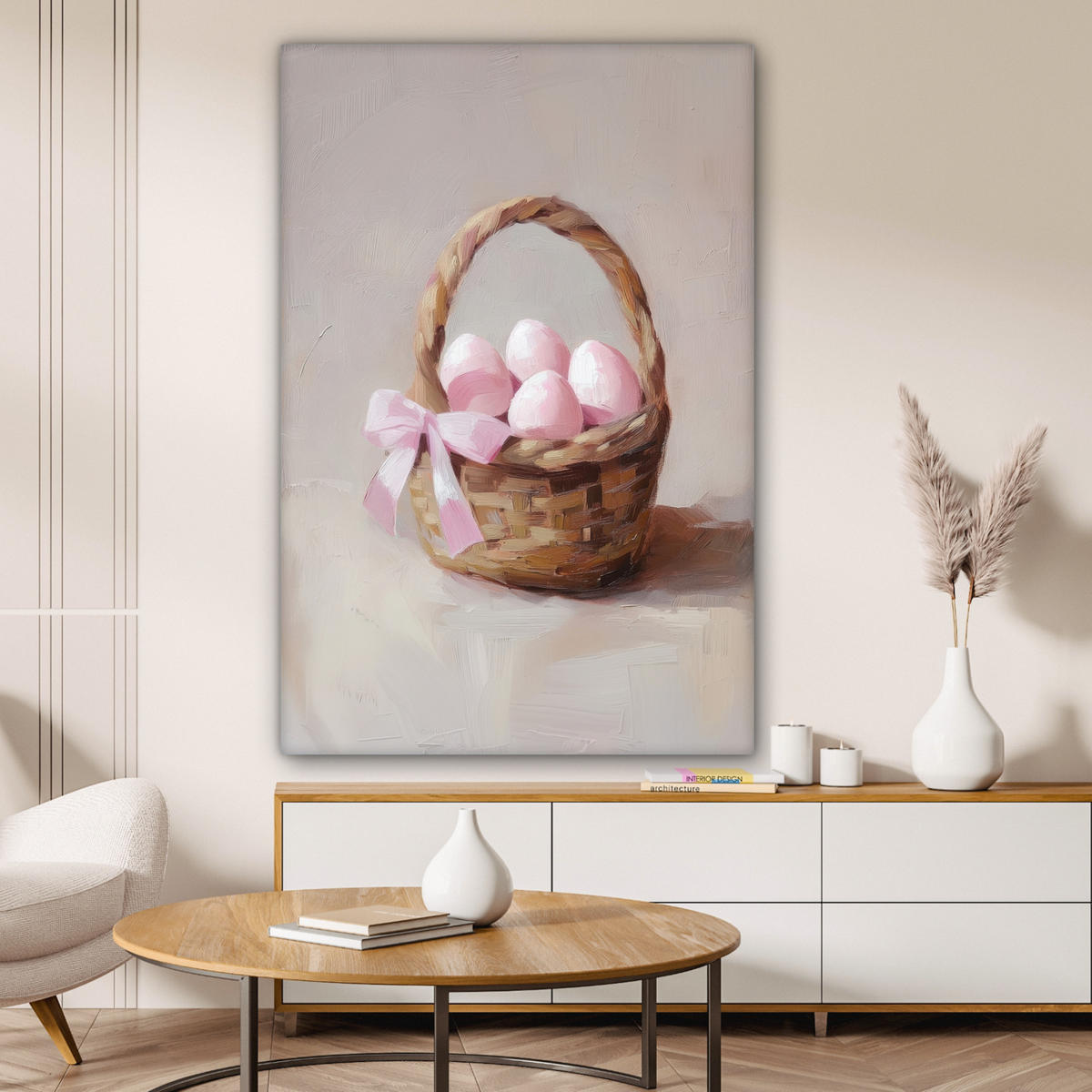 LEINWANDBILD Korb - Eier - Rosa Deko Groß 90x140 cm - Beige, Textil (90/140cm) - MuchoWow