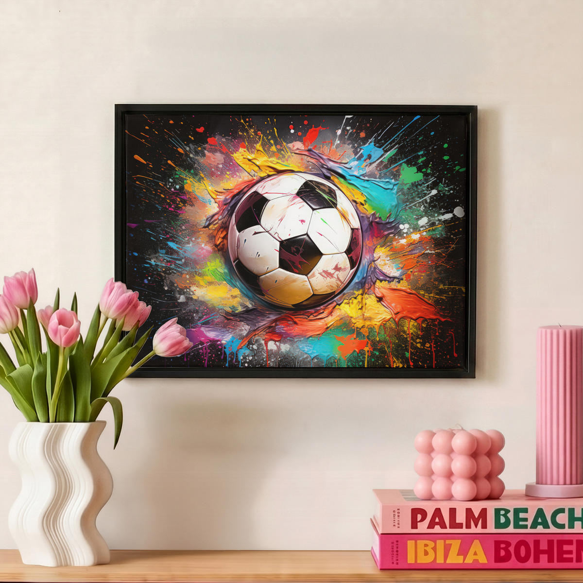 LEINWAND Bilder mit Rahmen - Fußball - Farbe - Farben - Schwarz - Weiß - 40x30 - Weiß, Textil (40/30cm) - MuchoWow