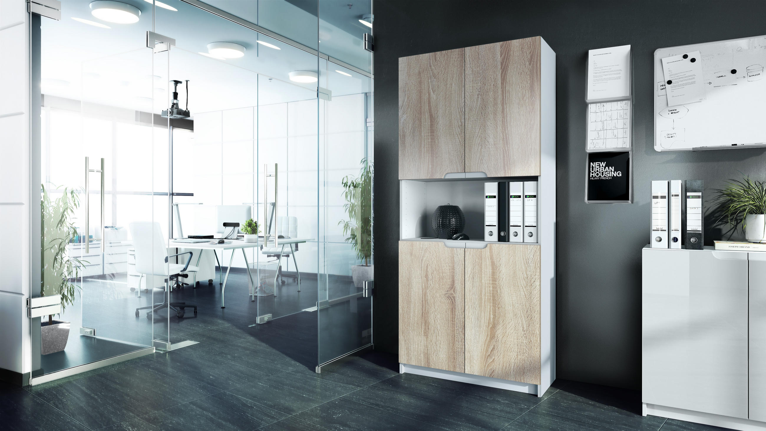 BÜROSCHRANK Logan Fronten in Eiche sägerau - Eiche San Remo, Holzwerkstoff (82/184/37cm) - Vladon