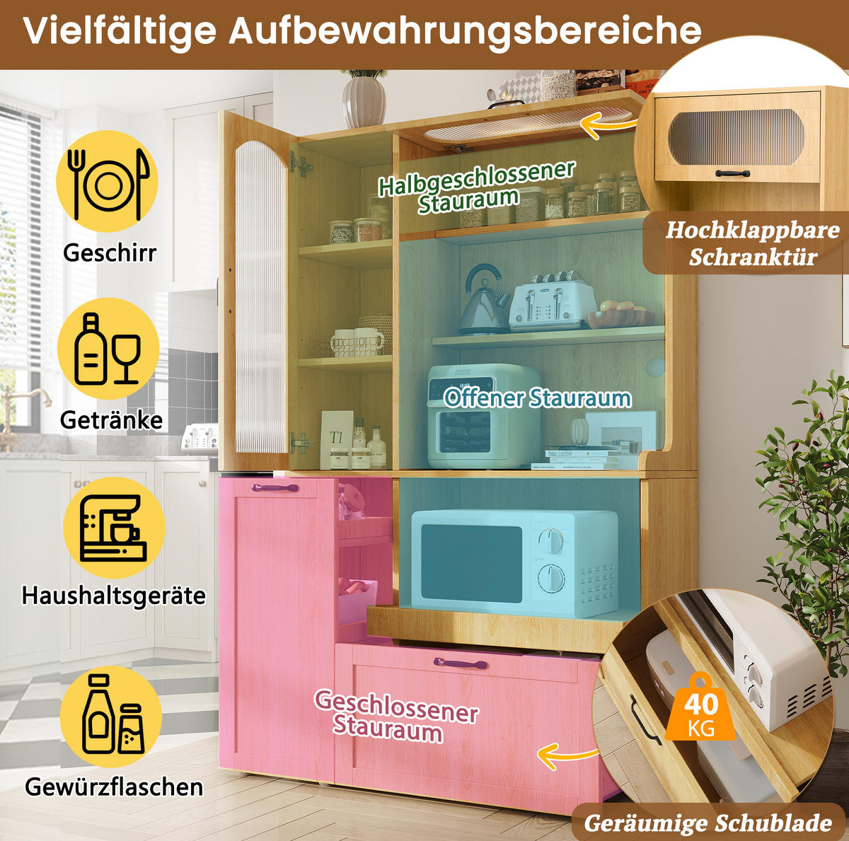 HIGHBOARD 98/40/177 cm in Natur mit Riffelglas und ausziehbaren Regalböden - Naturfarben, Holzwerkstoff (98/177/40cm) - Flora Grace