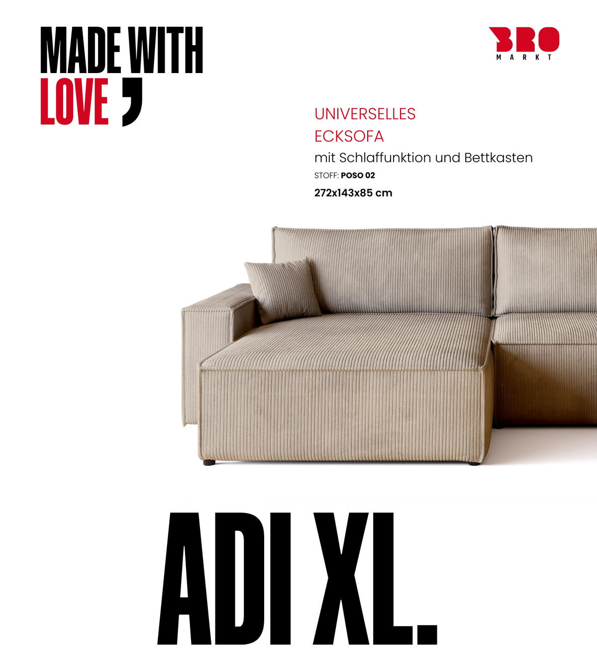 ECKSOFA ADI XL mit Schlaffunktion Beige Cord - Beige, Textil (272/143cm) - Bromarkt