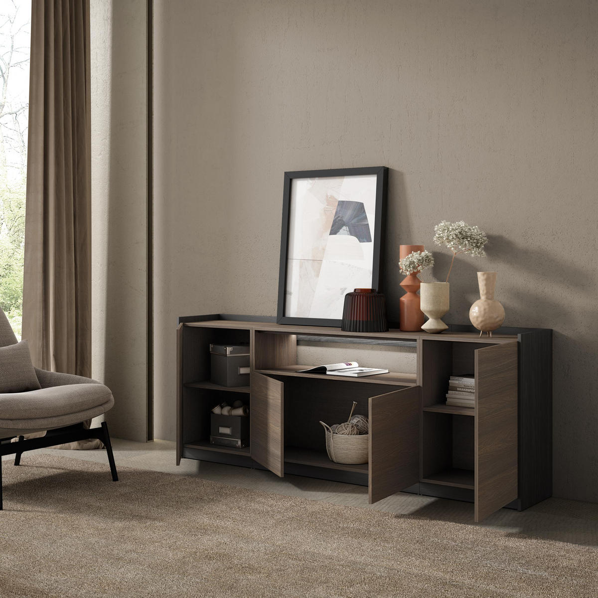 SIDEBOARD, Dunkler Eiche und Schwarz, 207/37/80cm, mit Led - Dunkelbraun, Holzwerkstoff (207/80/37cm) - Skraut Home