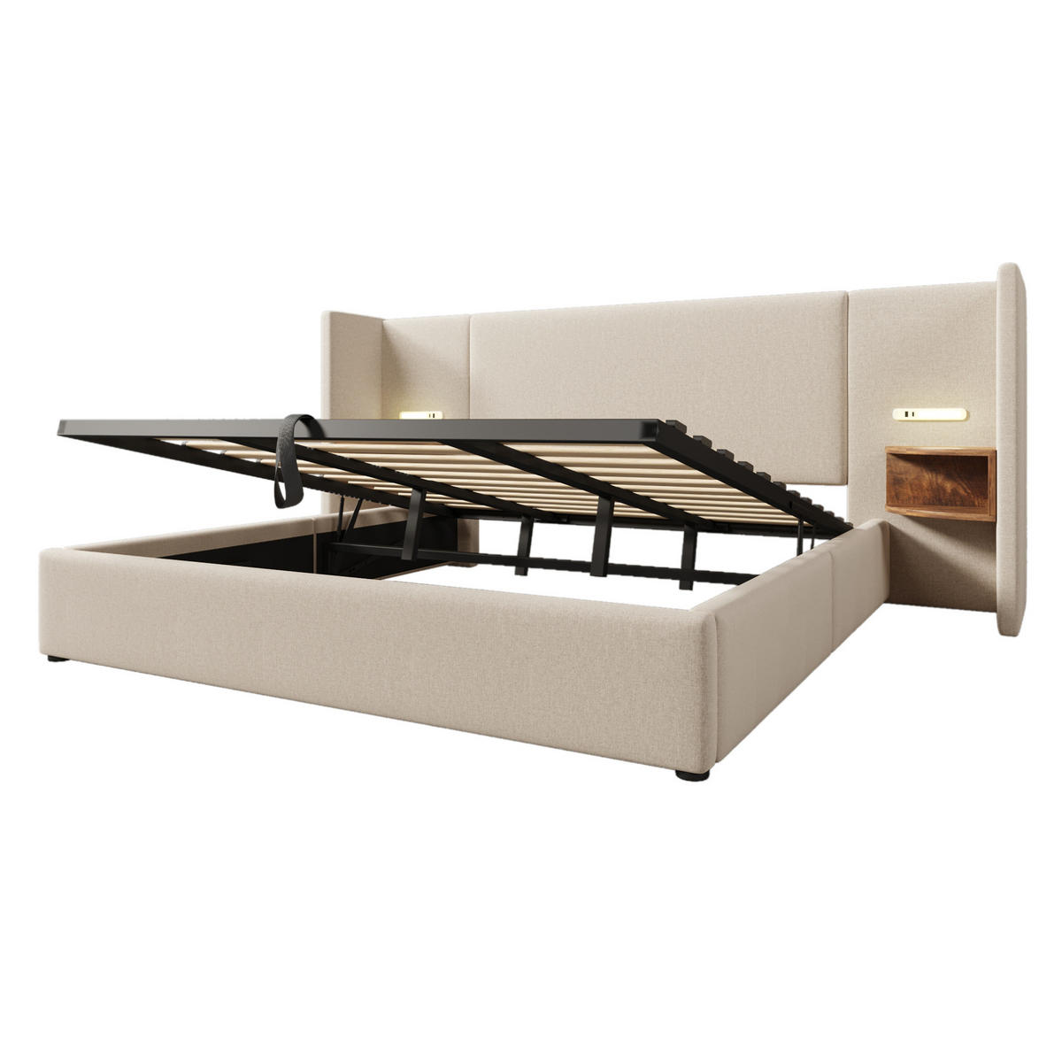 POLSTERBETT 180/200 cm Beige mit Nachttisch und USB-Ladefunktion - Beige, Textil (180/200cm) - OKWISH