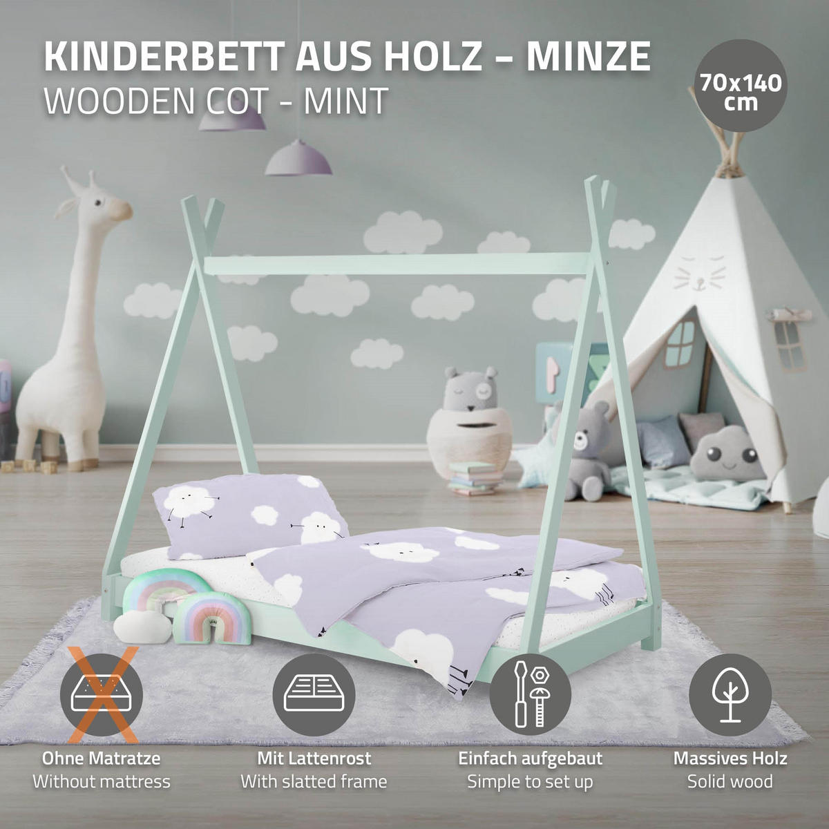 KINDERBETT Tipi 70x140 cm Mint - Grün, Holz (77.5/137/147.5cm) - ML-DESIGN