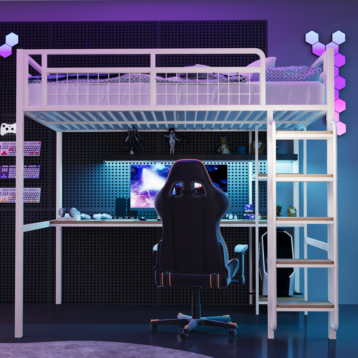 HOCHBETT 140/200 cm weiß aus Metall mit Tisch und Regal - Weiß, Metall (140/200cm) - OKWISH