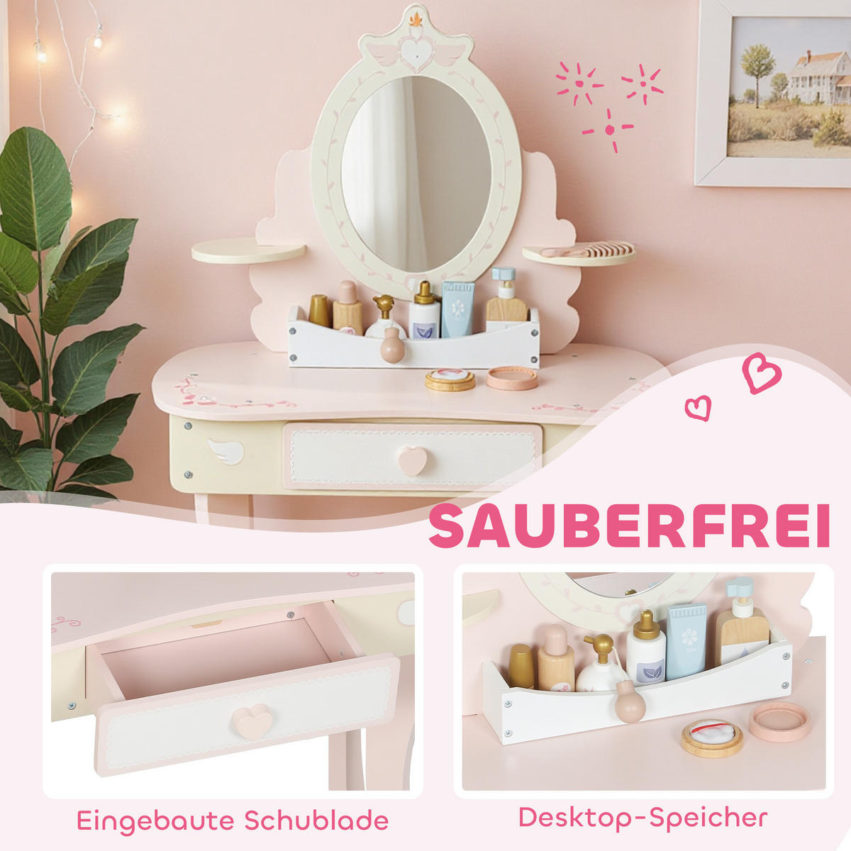 SCHMINKTISCH DE-10496 2-in-1 mit abnehmbarem Spiegel Rosa - Pink, Holzwerkstoff (59.8/89.8/29.6cm) - ComfortXL