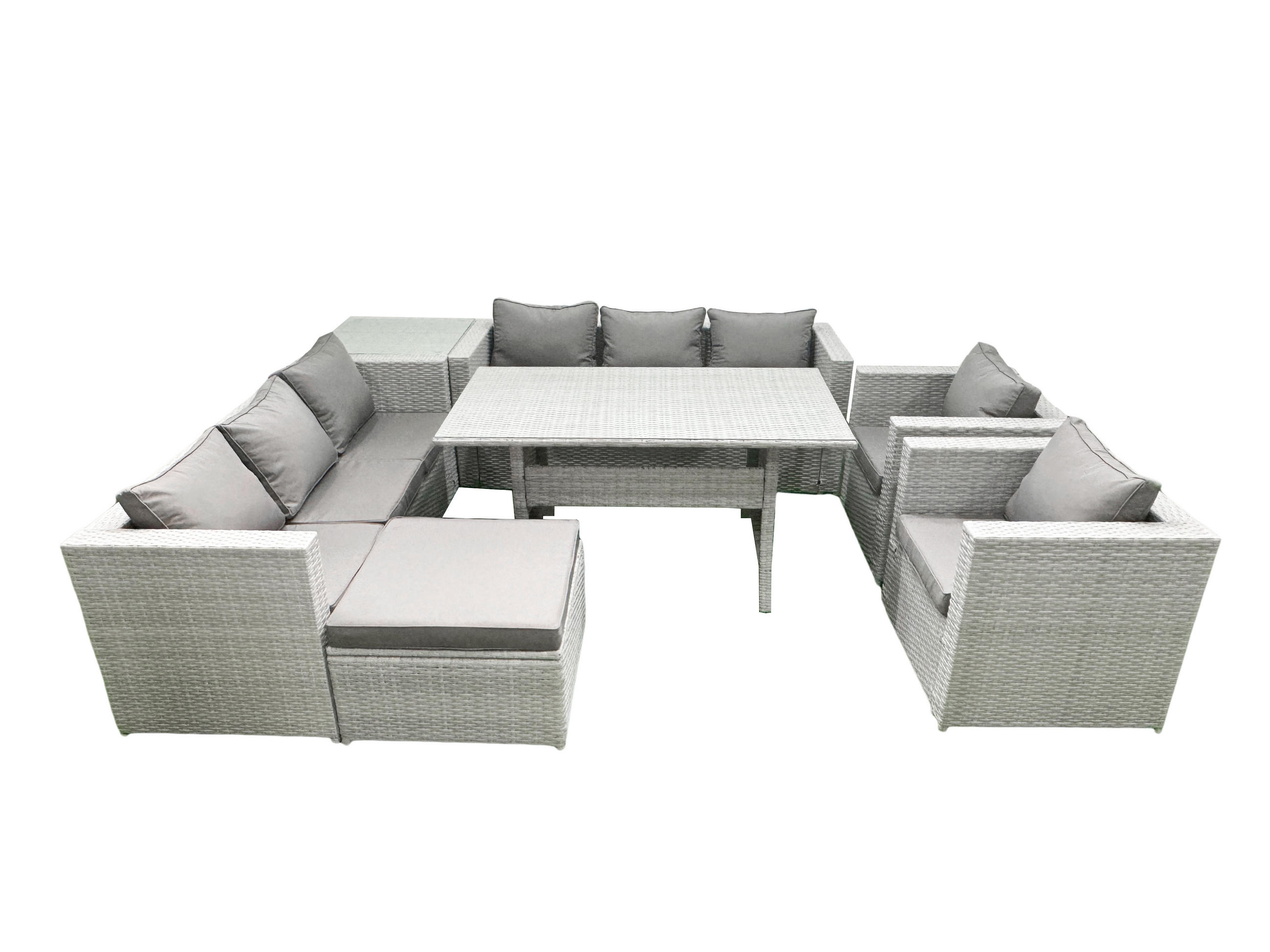 GARTENMÖBEL SET mit 3-Sitzer-Sofa und 2 Stühle, Esstisch,Beistelltisch,Großer Fußhocker Polyrattan Hellgrau 9-Sitzer - Hellgrau/Grau, Glas/Kunststoff - Fimous